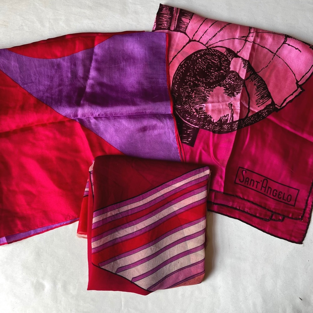 Vintage Scarf Bundle Lot of 3 Pink Purple Mod Graphic Scarves